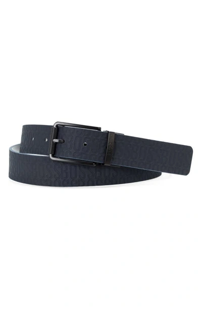 Shop Hugo Tintin Logo Textured Reversible Leather Belt In Dark Blue