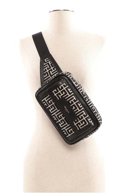 Shop Balmain 1945 Monogram Jacquard Belt Bag In Ivory/ Black