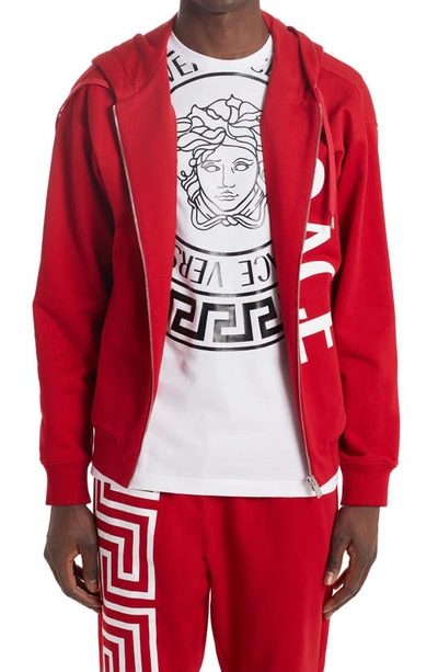 Shop Versace Logo Zip Cotton Hoodie In Red
