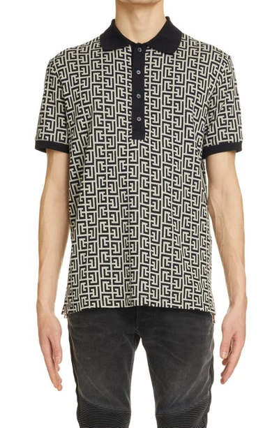 Shop Balmain Monogram Jersey Polo Shirt In Ivory/ Black