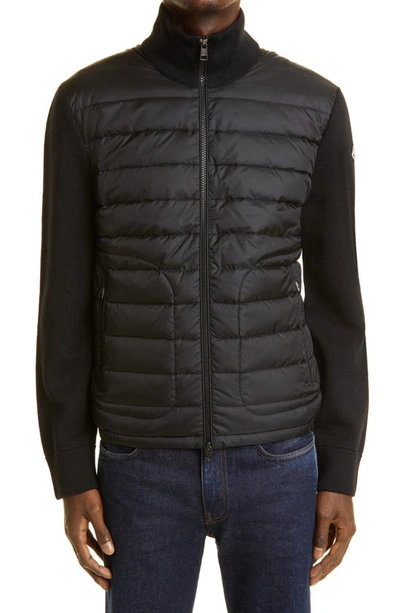 Shop Moncler Quilted Down & Knit Cardigan In Black