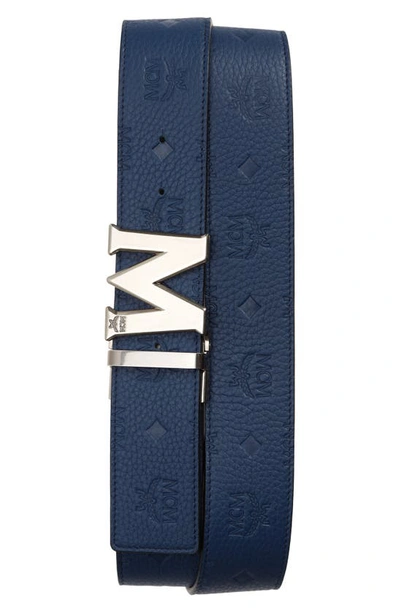 Shop Mcm Claus Reversible Leather Belt In Navy Blue