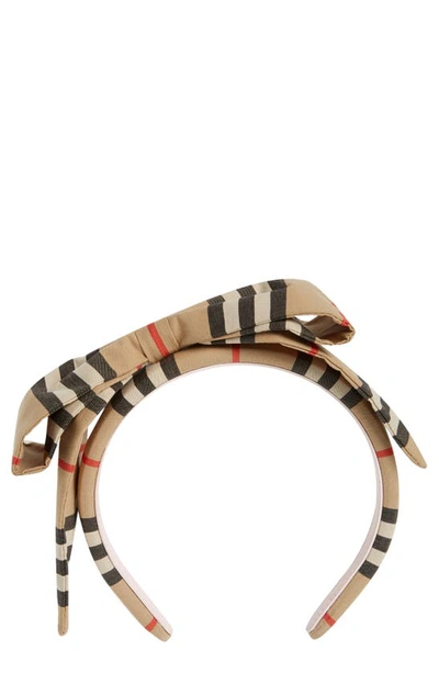 Shop Burberry Kids' Icon Stripe Bow Headband In Archive Beige