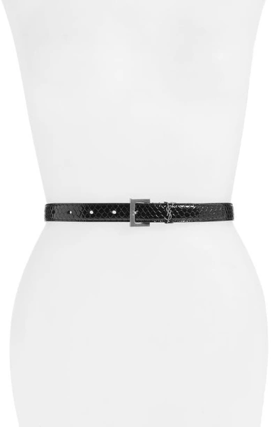 Shop Saint Laurent Monogram Python Embossed Patent Leather Belt In Noir