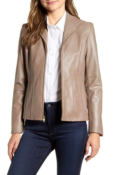 Shop Cole Haan Lambskin Leather Jacket In Taupe