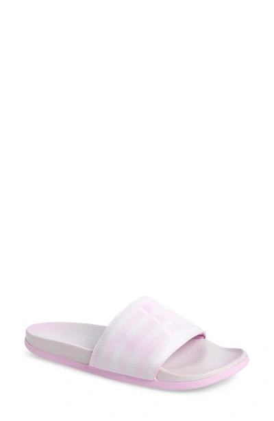 Shop Adidas Originals Adilette Comfort Slide Sandal In Grey/ Lilac/ White