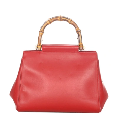 Pre-owned Gucci Red Leather Bamboo Nymphaea Satchel Bag