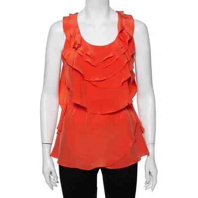 Pre-owned Oscar De La Renta Orange Ruffled Silk Sleeveless Top S