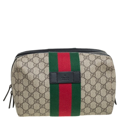 Pre-owned Gucci Black/beige Gg Supreme And Leather Web Toiletry Pouch