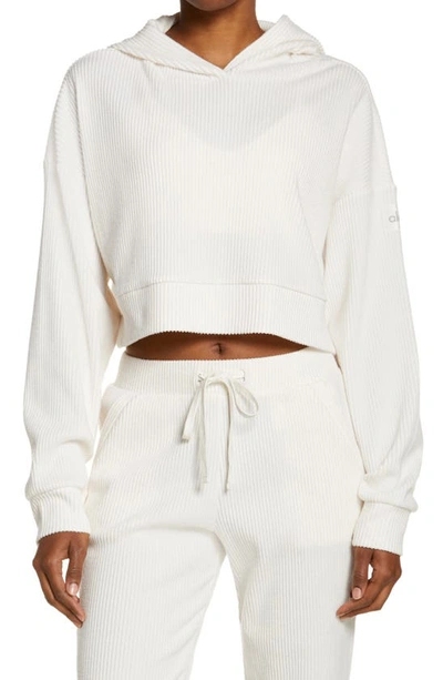 Shop Alo Yoga Muse Ribbed Crop Hoodie In Ivory