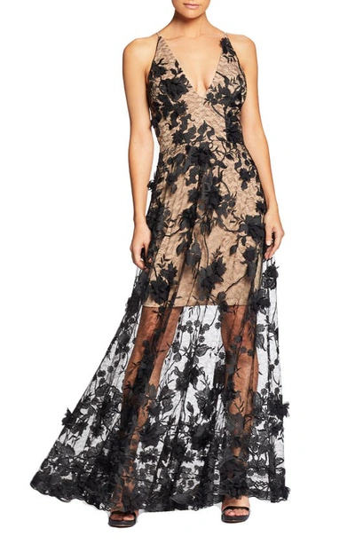 Shop Dress The Population Sidney Deep V-neck 3d Lace Gown In Black