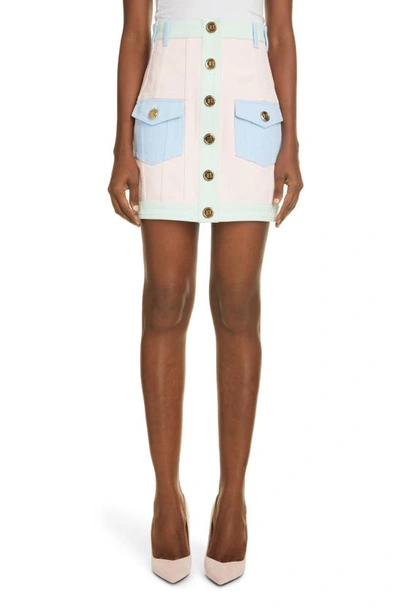Shop Balmain Colorblock Denim Miniskirt In Multi