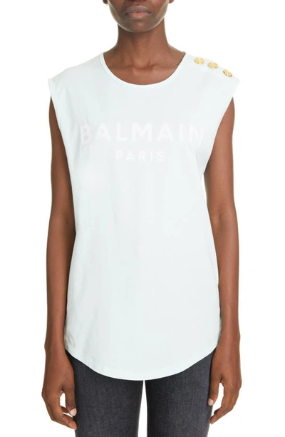 Shop Balmain Button Shoulder Flocked Logo Graphic Tank In Green/ White