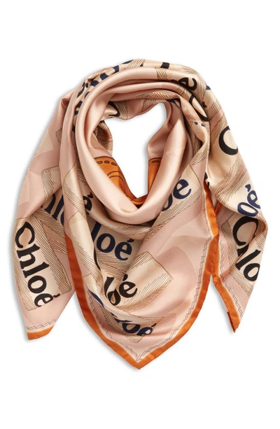 Shop Chloé Logo Square Silk Scarf In Multicolor Beige