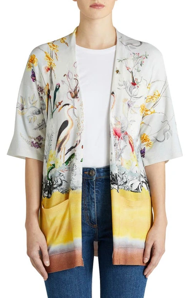 Shop Etro Riverside Floral & Bird Print Wool & Silk Open Cardigan In Grigio