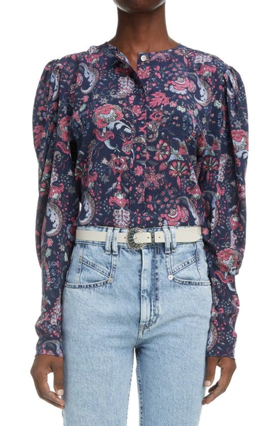 Shop Isabel Marant Bavali Floral Leg Of Mutton Sleeve Stretch Silk Blouse In Faded Night 30fn