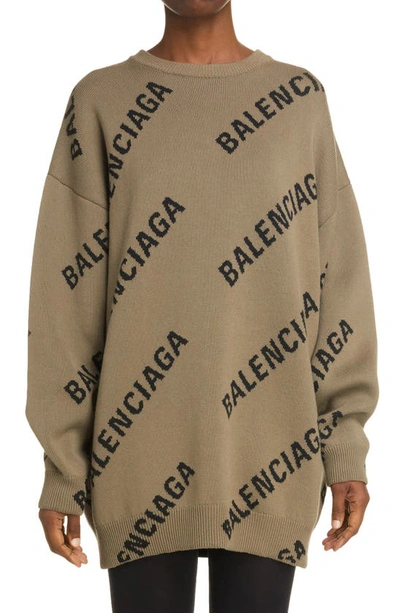 Shop Balenciaga Logo Intarsia Oversize Crewneck Sweater In Light Brown/ Black