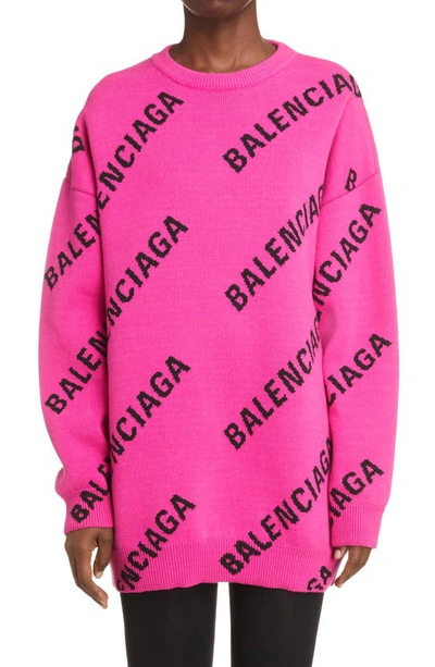 Shop Balenciaga Logo Intarsia Oversize Crewneck Sweater In Pink/ Black