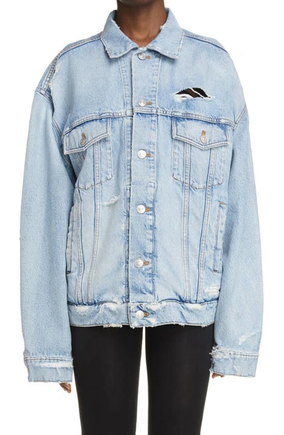 Shop Balenciaga Barcode Logo Oversize Organic Cotton Denim Jacket In Clear Light Blue