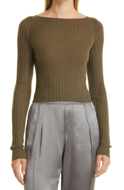 Shop Atm Anthony Thomas Melillo Wide Rib Crop Boatneck Sweater In Heather Olive