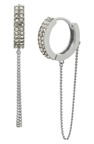 Allsaints Chain Swag Pave Huggie Hoop Earrings In Rhodium Plated In Crystal