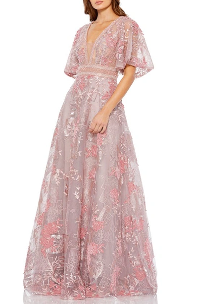 Shop Mac Duggal Embellished Embroidered Flutter Sleeve A-line Gown In Pink