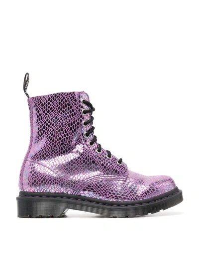 Shop Dr. Martens' Metallic Snake-effect Boots In Purple