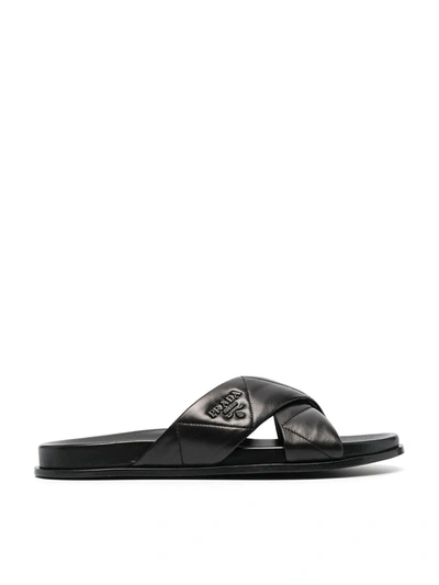 Shop Prada Logo-plaque Quilted Slides In Black