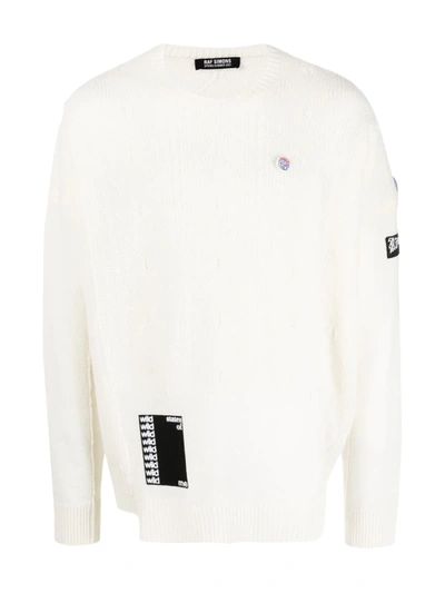 Shop Raf Simons Reversed Slogan-patch Cable Knit Jumper In Neutrals
