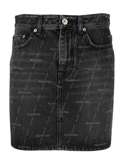 Shop Balenciaga Logo-print Denim Skirt In Black