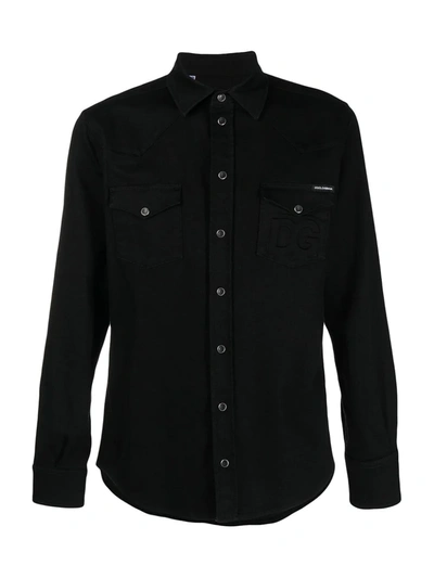 Shop Dolce & Gabbana Embossed-logo Long-sleeve Shirt In Black