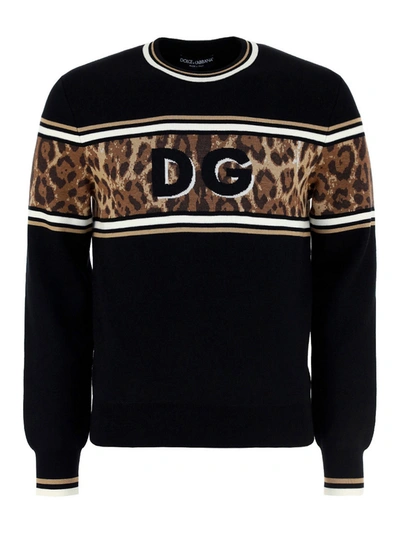 Shop Dolce & Gabbana Leo Motif Insert Wool Sweater In Black