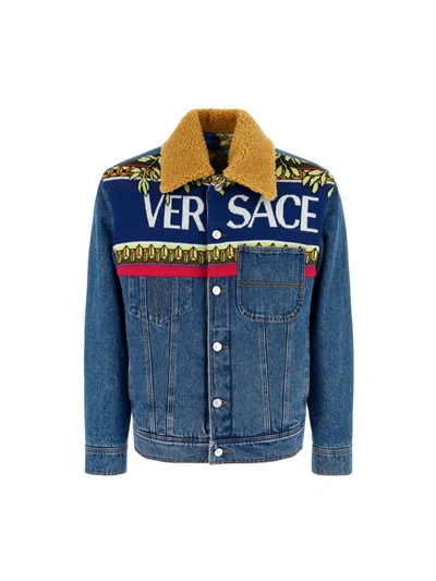 Shop Versace Logo Intarsia Denim Jacket In Blue