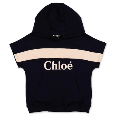 Shop Chloé Kids Logo Printed Short Sleeve Hoodie In Navy