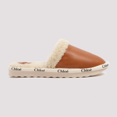 Shop Chloé Logo Trim Shearling Slippers In Brown