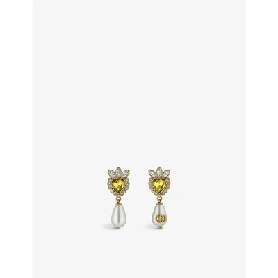 Shop Gucci Heart-shaped Crystal, Faux-pearl And Gold-toned Brass Earrings