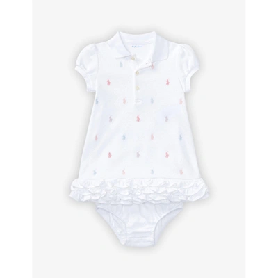 Shop Ralph Lauren Logo-embroidered Ruffled Cotton Dress And Bloomers 3-24 Months In White