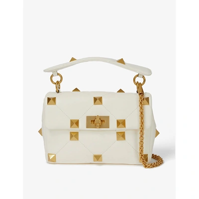 Shop Valentino Roman Stud Medium Quilted Leather Shoulder Bag In Ivory