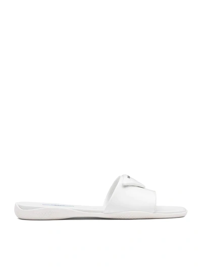 Shop Prada Triangle Logo Plaque Slides In White