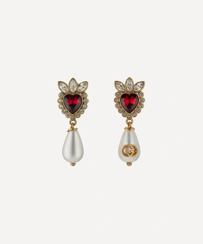 Shop Gucci Gold-tone Crystal Heart And Faux Pearl Drop Earrings