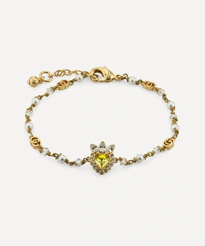 Shop Gucci Gold-tone Crystal Heart And Faux Pearl Bracelet