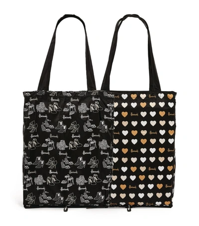 Shop Harrods Glitter Hearts And Shoes Recycled Pocket Shopper Bag (set Of 2) In Multi