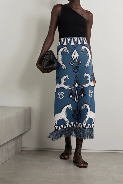 Shop Johanna Ortiz Chauvet Fringed Pima Cotton-jacquard Midi Skirt In Blue