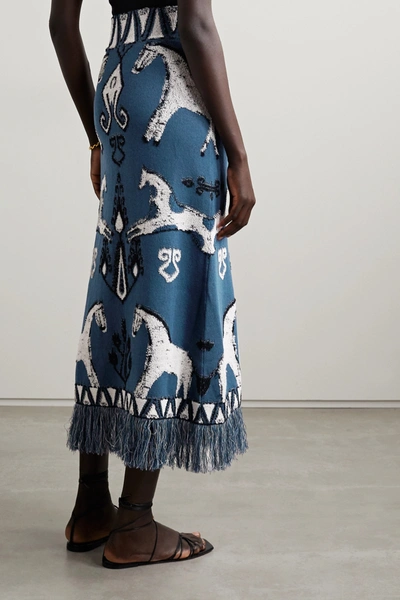 Shop Johanna Ortiz Chauvet Fringed Pima Cotton-jacquard Midi Skirt In Blue