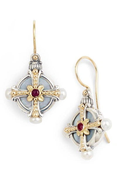 Shop Konstantino Etched Silver Pearl & Ruby Drop Earrings In Silver/ Gold/ Red