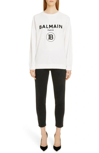 Shop Balmain Flocked Logo Sweatshirt In Gab Blanc/ Noir