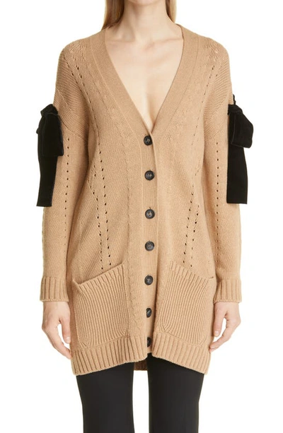 Shop Red Valentino Velvet Bow V-neck Cardigan In C54 Cammello Nero