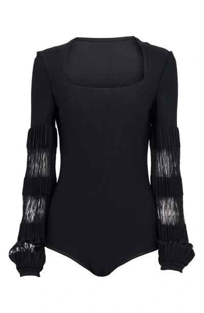 Shop Alaïa Square Neck Lace Sleeve Bodysuit In Noir