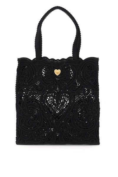 Shop Dolce & Gabbana Beatrice Medium Tote Bag Cordonetto Lace In Black