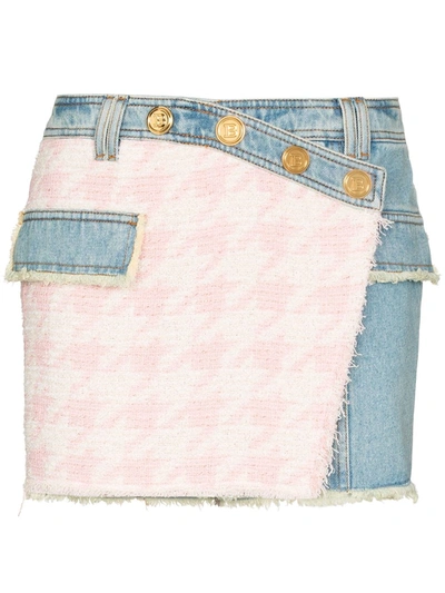 Shop Balmain Tweed Denim Wrap Mini Skirt In 蓝色